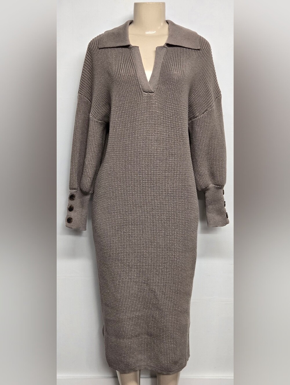 Shein M 6 Sweater Dress Collared V Neck Chunkly Knit Drop Sleeve Pullover